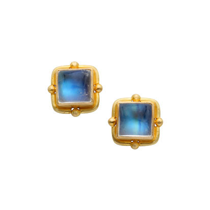 Blue Moonstone Square Studs in Yellow Gold