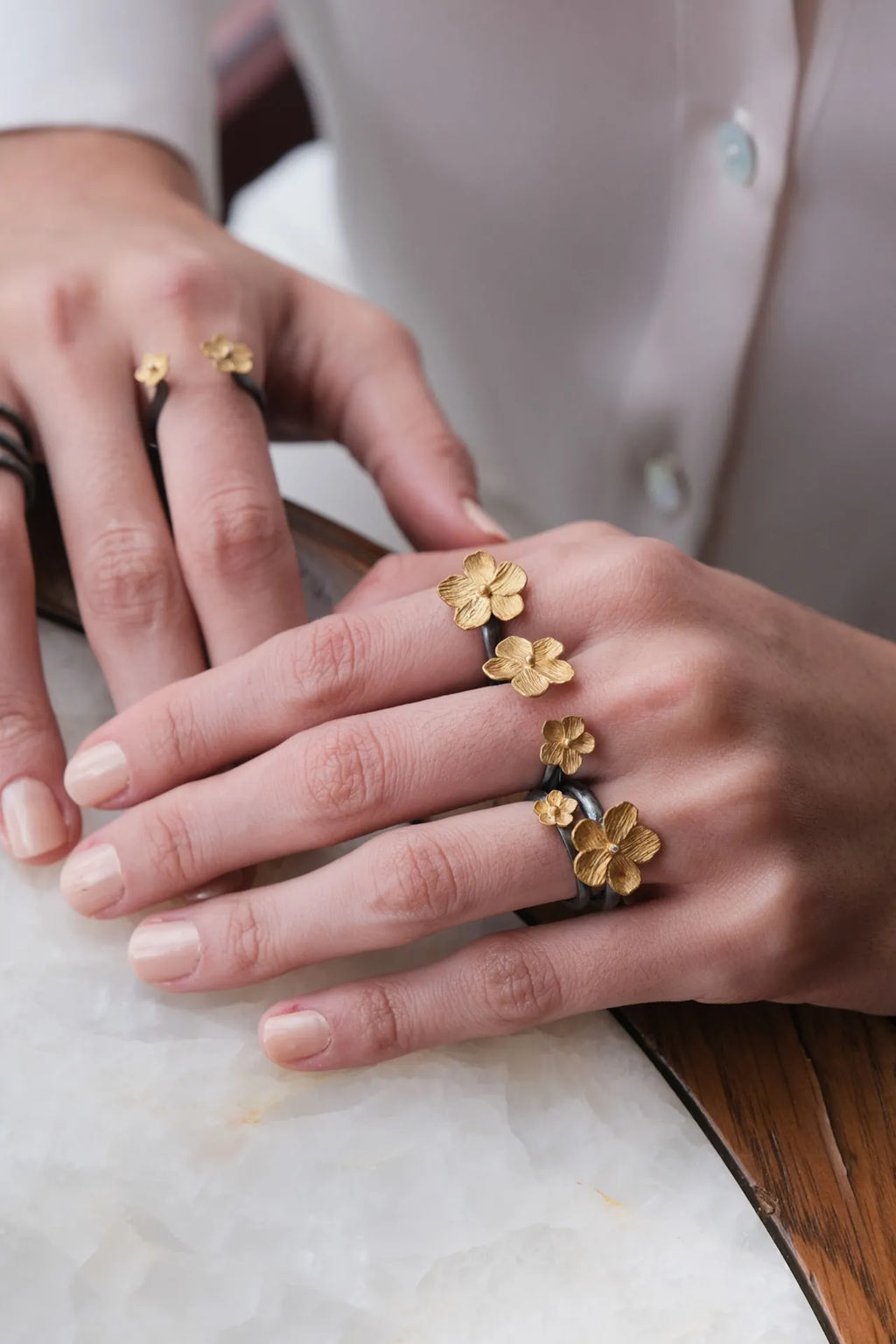 Buttercup Bypass Ring in Oxidized Sterling Silver and Yellow Gold