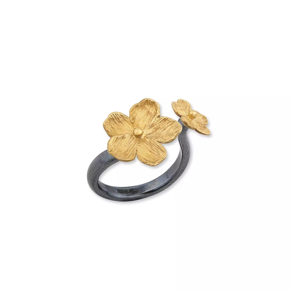 Buttercup Bypass Ring in Oxidized Sterling Silver and Yellow Gold