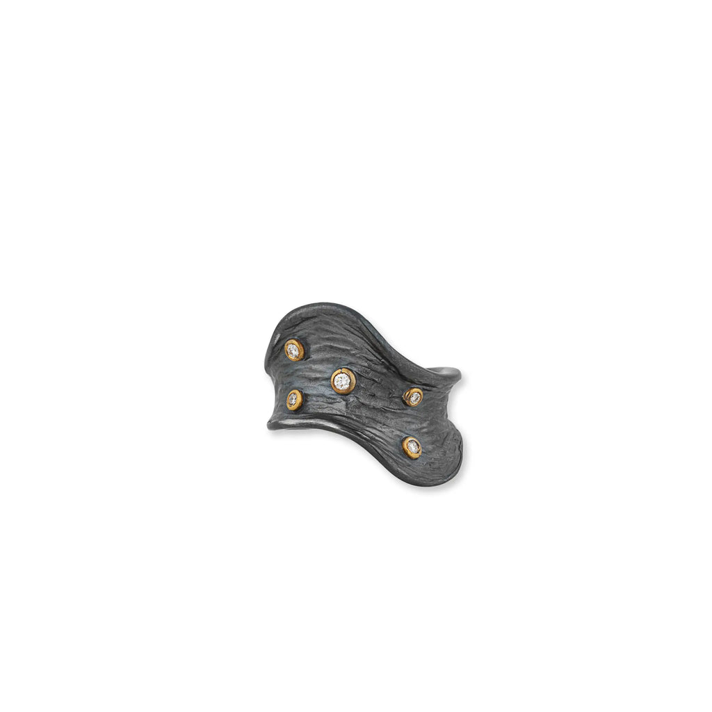 Bark Diamond Ring in Oxidized Silver and Yellow Gold