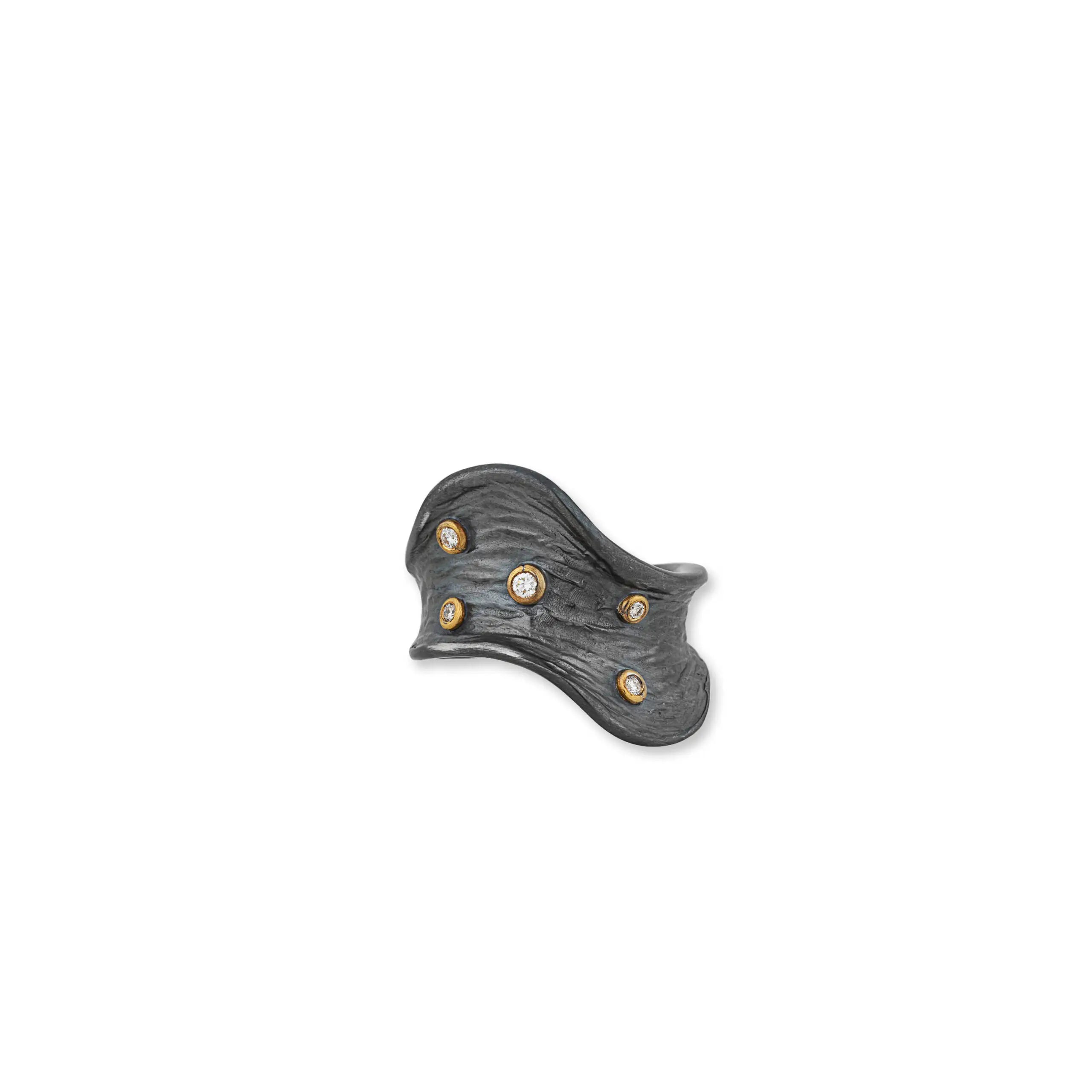 Bark Diamond Ring in Oxidized Silver and Yellow Gold