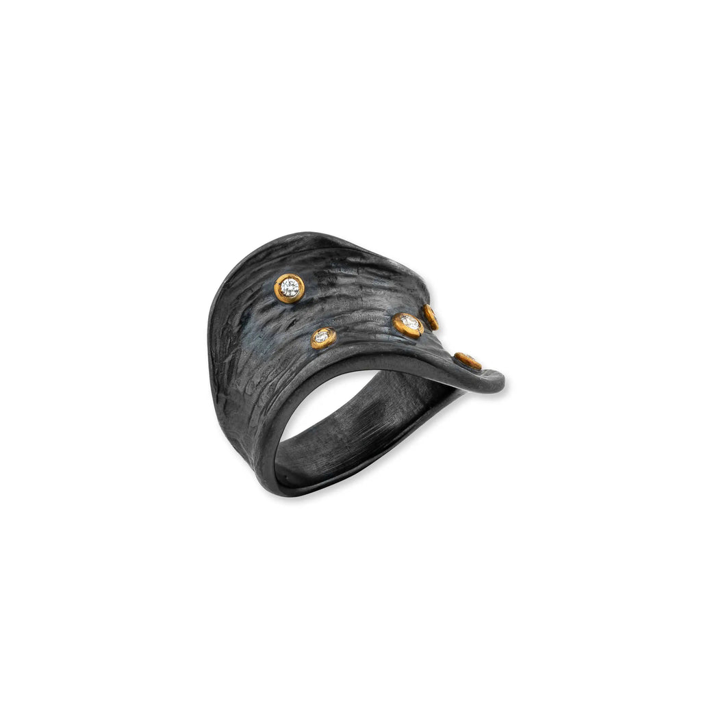 Bark Diamond Ring in Oxidized Silver and Yellow Gold