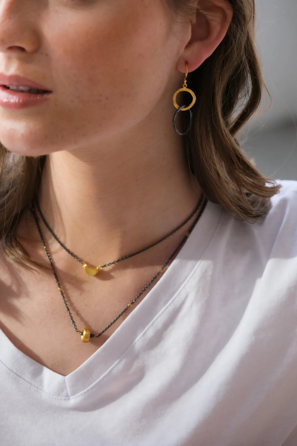 Bubbles Earrings in Yellow Gold and Oxidized Sterling Silver