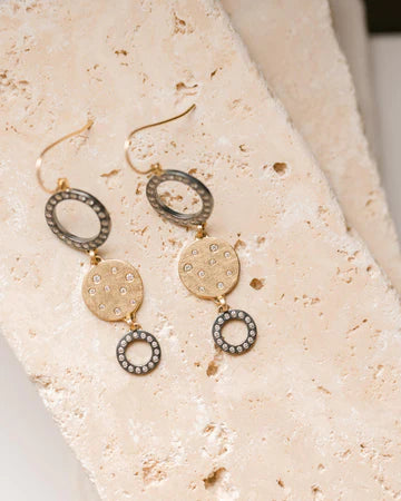 Black + Gold Triple Drop Earrings in Yellow Gold and Oxidized Argentium Silver