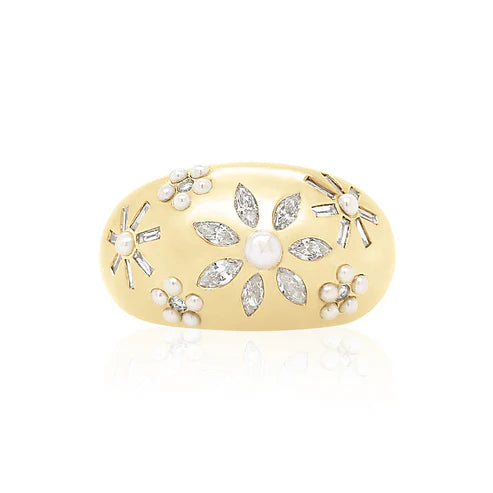 Chunky Flora Pearl and Diamond Nomad Ring in Yellow Gold