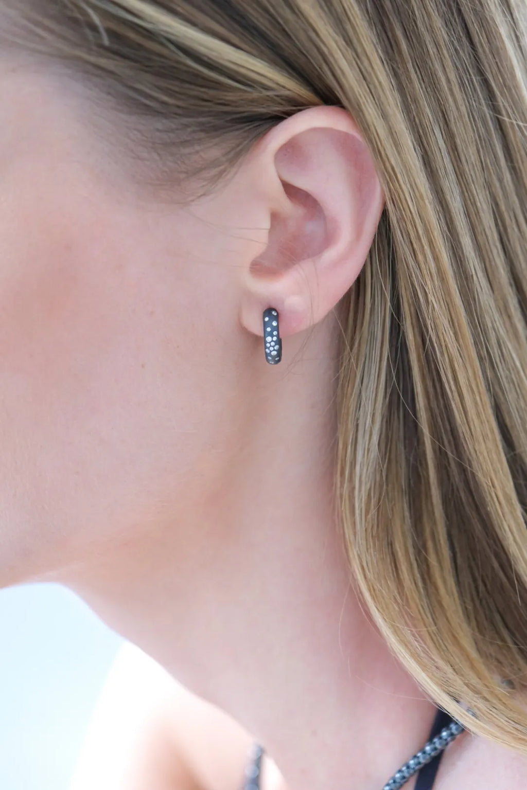 Diana Semi Chunky Hoops with Diamonds in Oxidized Sterling Silver