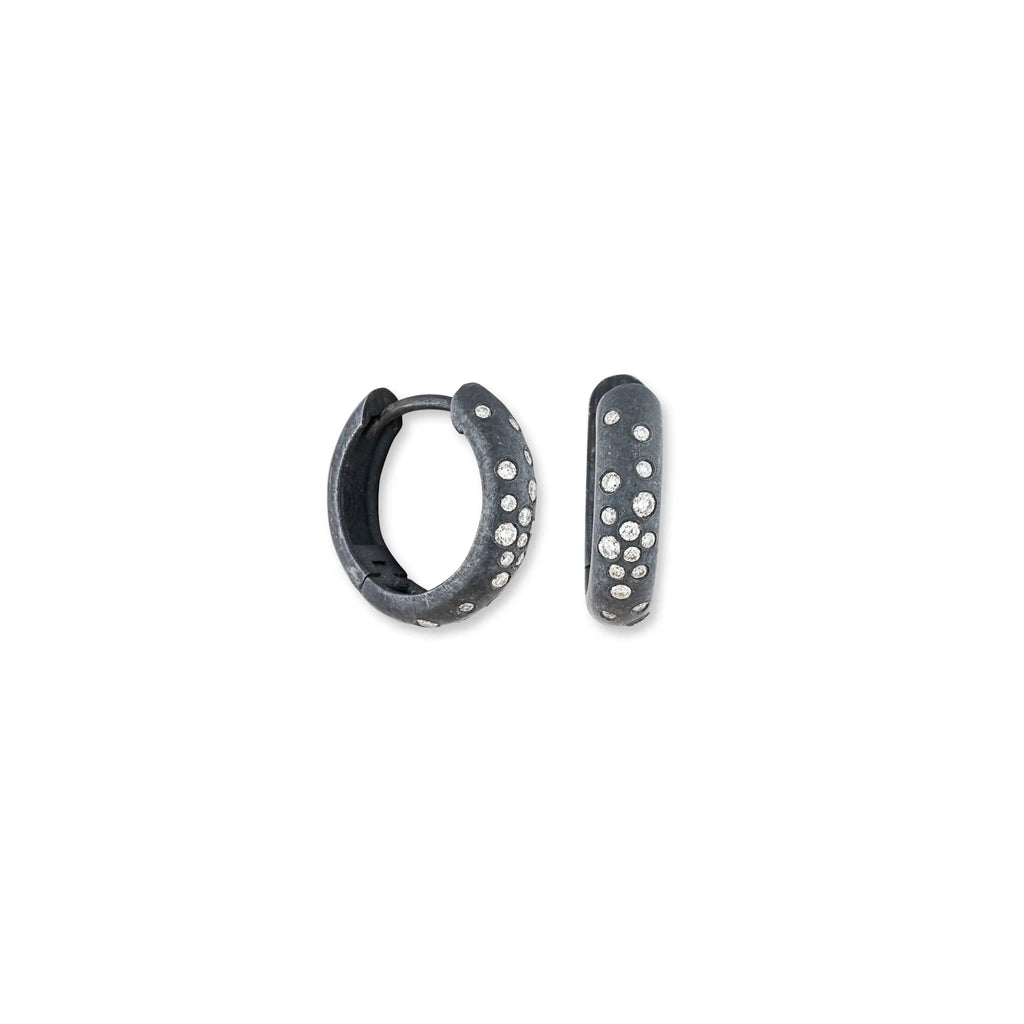 Diana Semi Chunky Hoops with Diamonds in Oxidized Sterling Silver