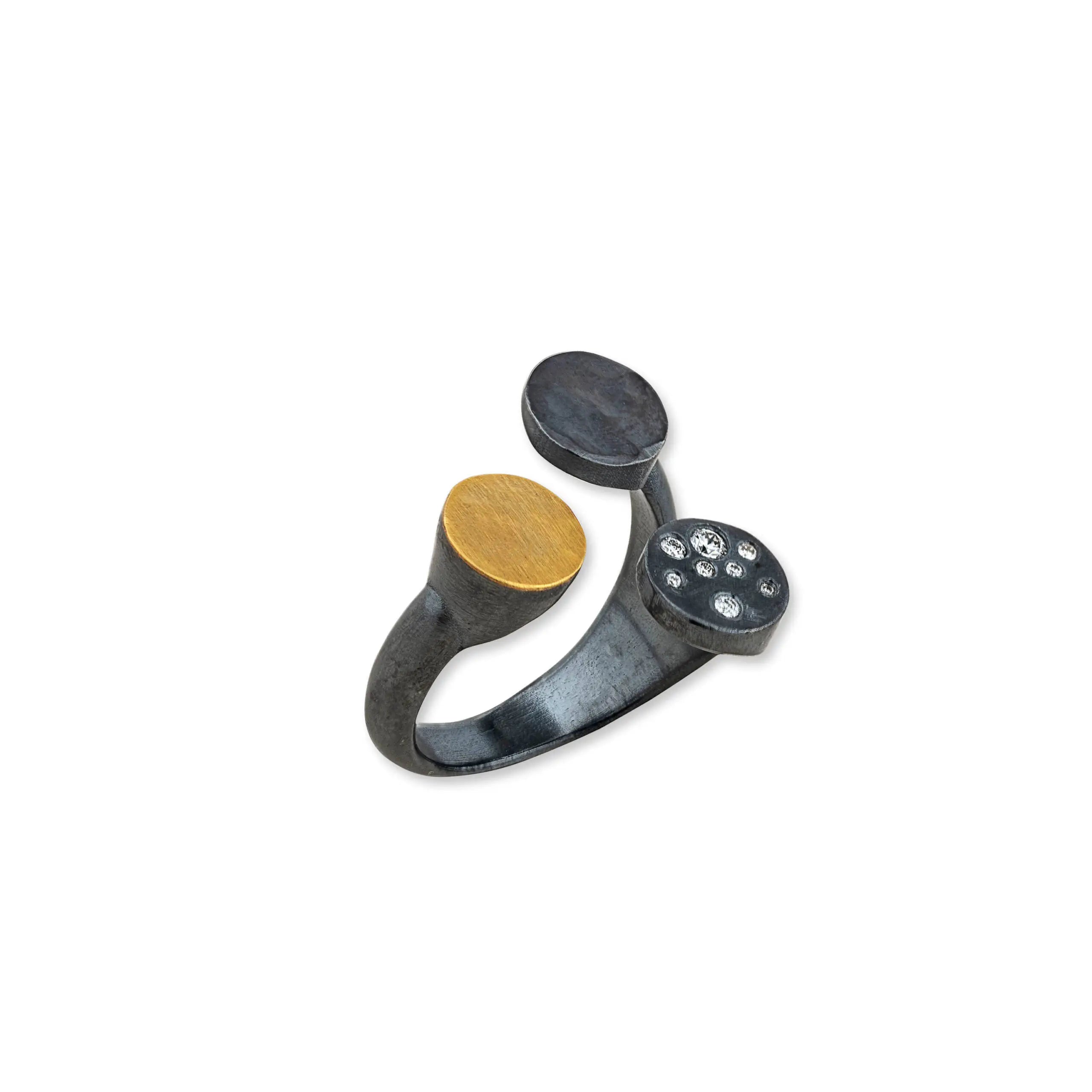 Dora Diamond RIng in Yellow Gold and Oxidized Sterling Silver