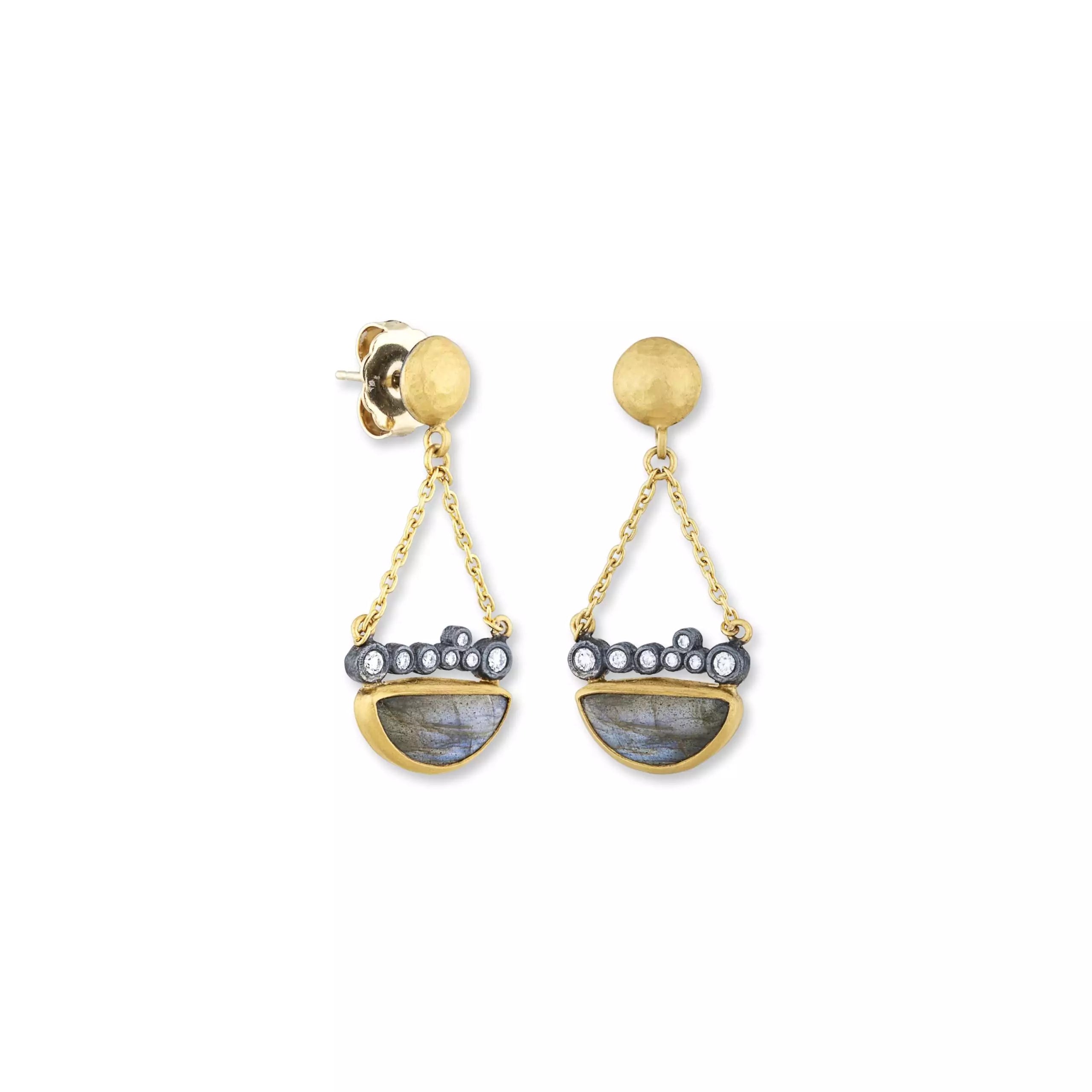 Dylan Labradorite Earrings in Yellow Gold and Oxidized Sterling Silver