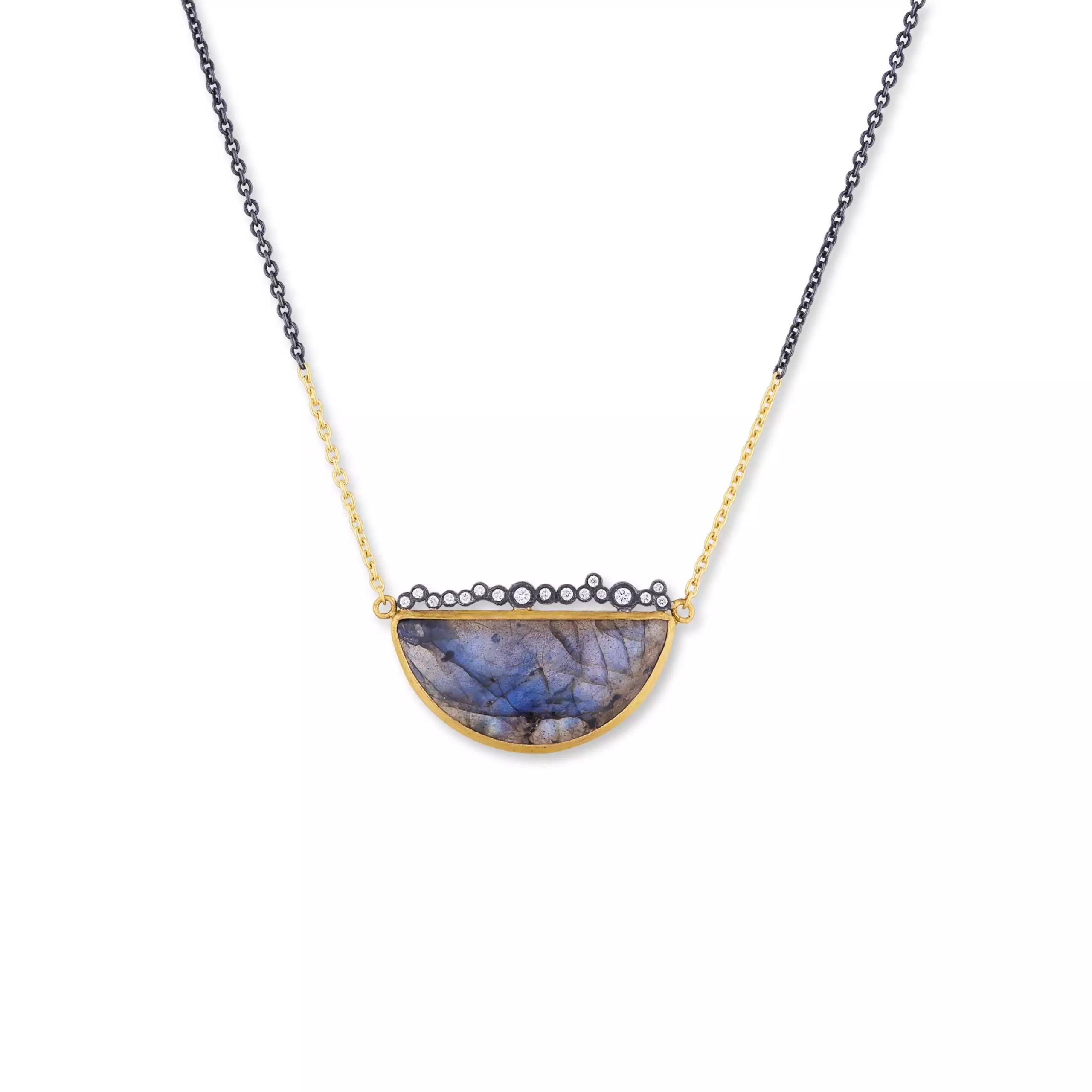 Dylan Half Moon Necklace in Yellow Gold and Oxidized Sterling Silver