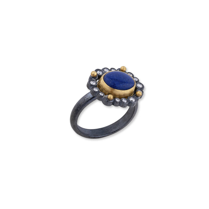 Dylan Lapis Lazuli Ring with Diamonds in Yellow Gold and Oxidized Silver