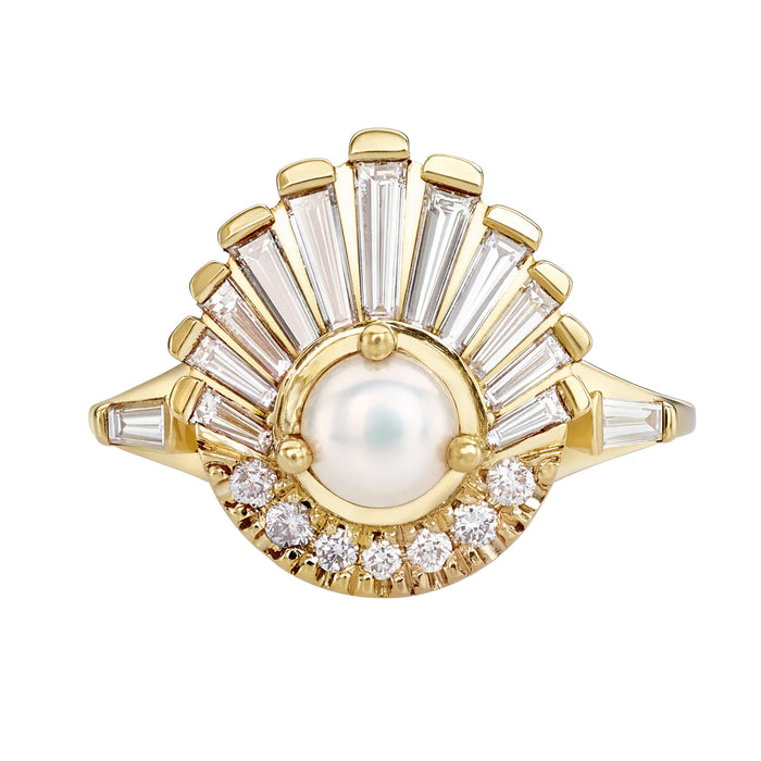 Diamond and Pearl Engagement Ring - Baguette Diamond Shell Ring