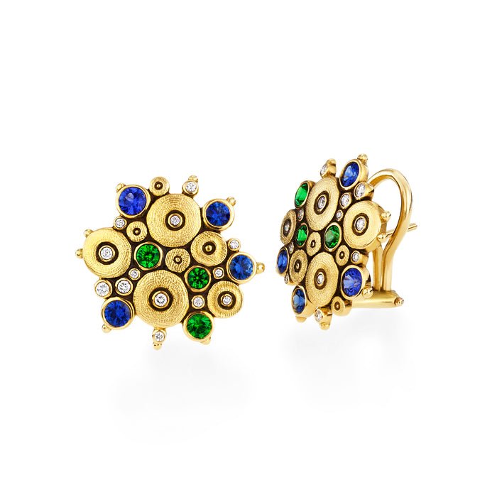 Ocean Earrings with Diamond, Tsavorite, and Sapphires in Yellow Gold