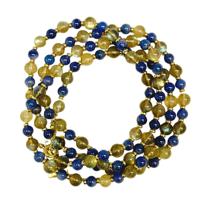 Labradorite and Tanzanite Beaded Necklace in Yellow Gold