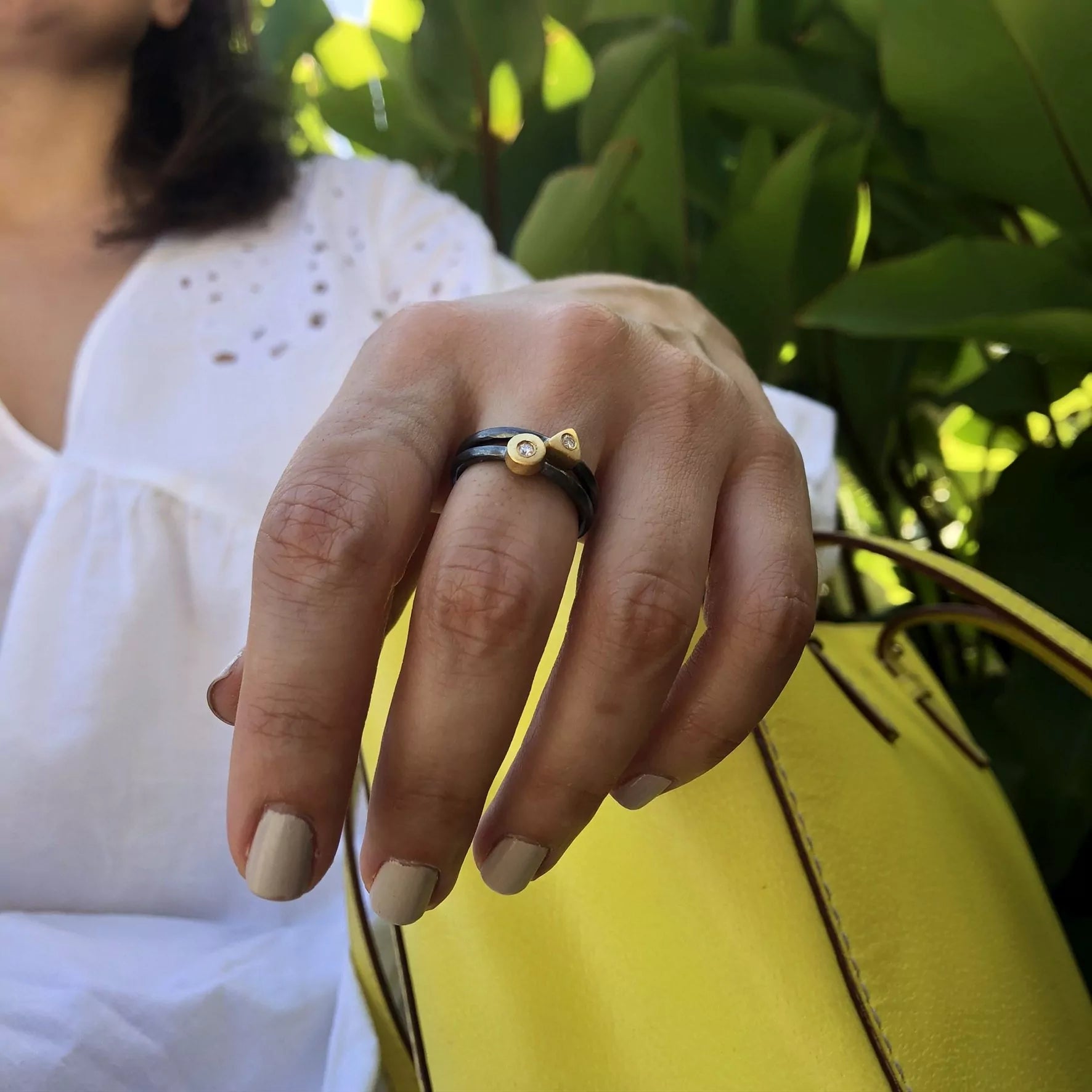 Geometry Round Ring in Oxidized Sterling Silver and Yellow Gold