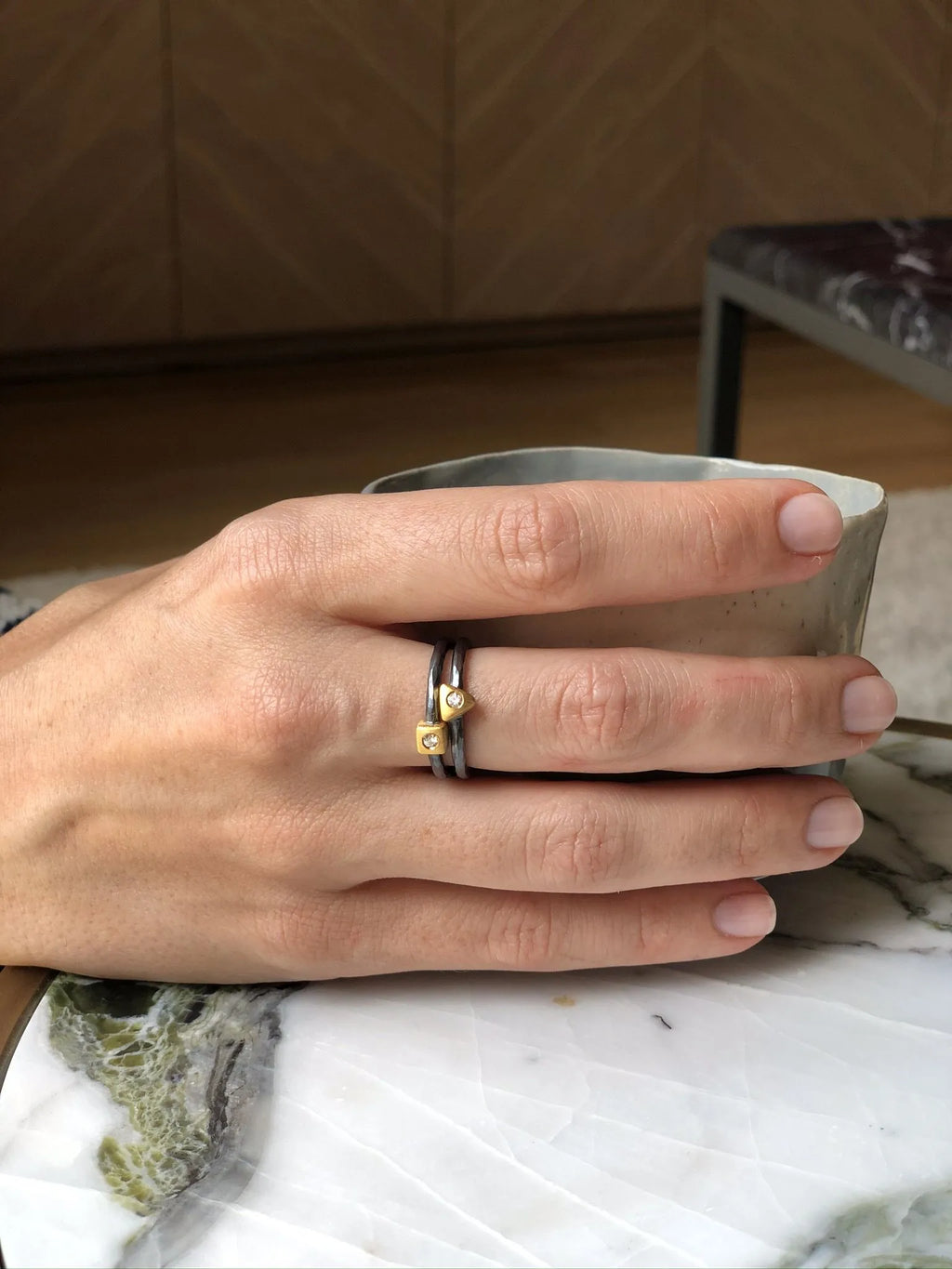 Geometry Square Ring in Oxidized Sterling Silver and Yellow Gold