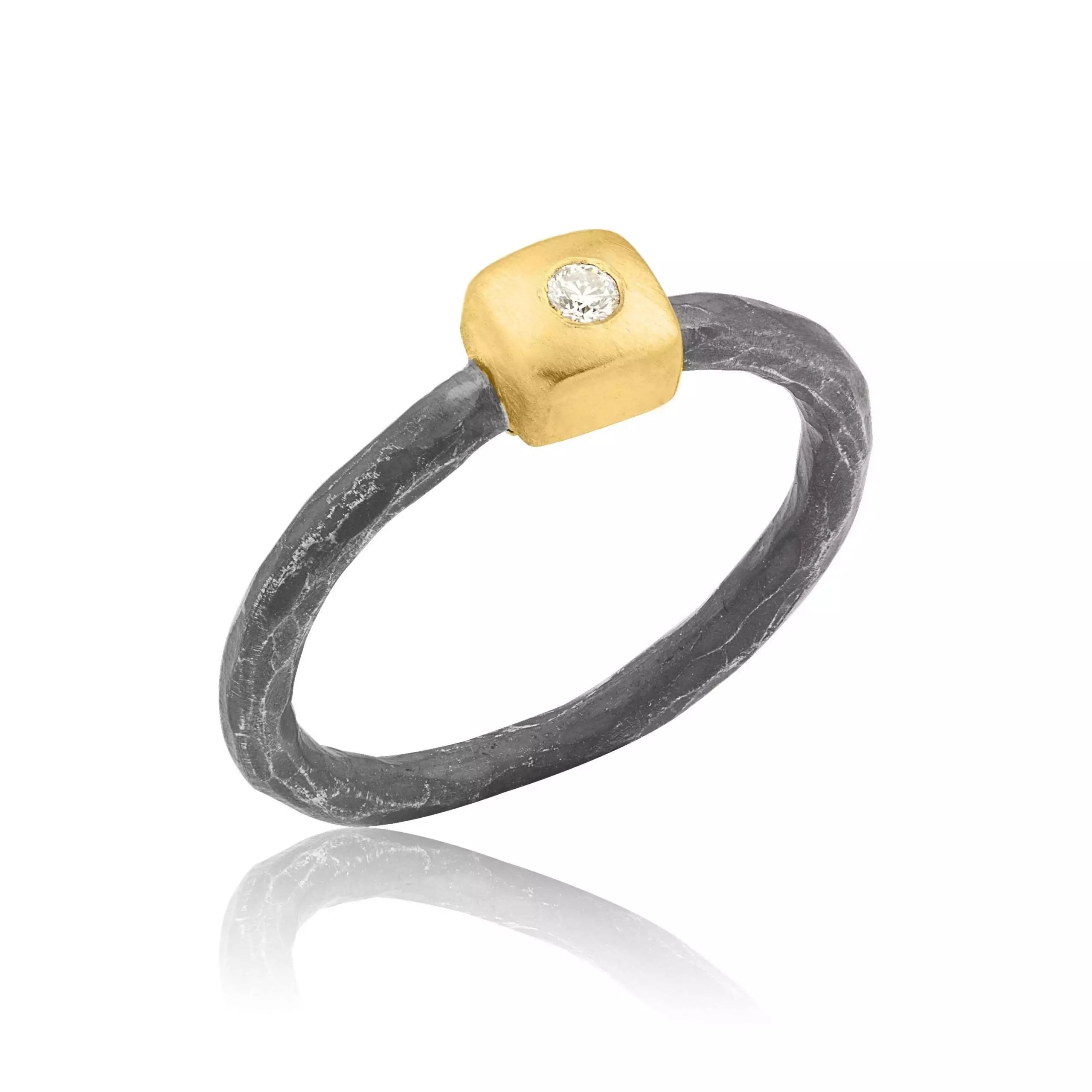 Geometry Square Ring in Oxidized Sterling Silver and Yellow Gold