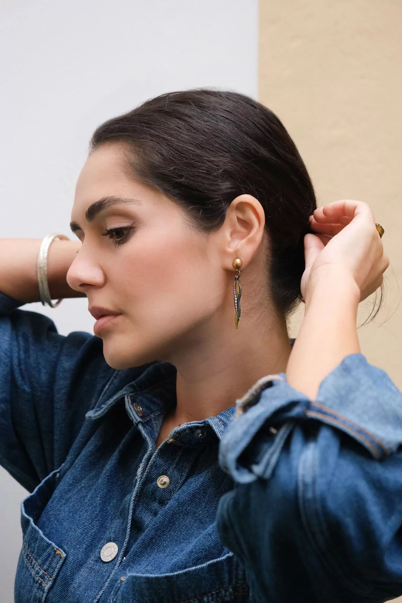 Keller Earrings in Yellow Gold and Oxidized Sterling Silver