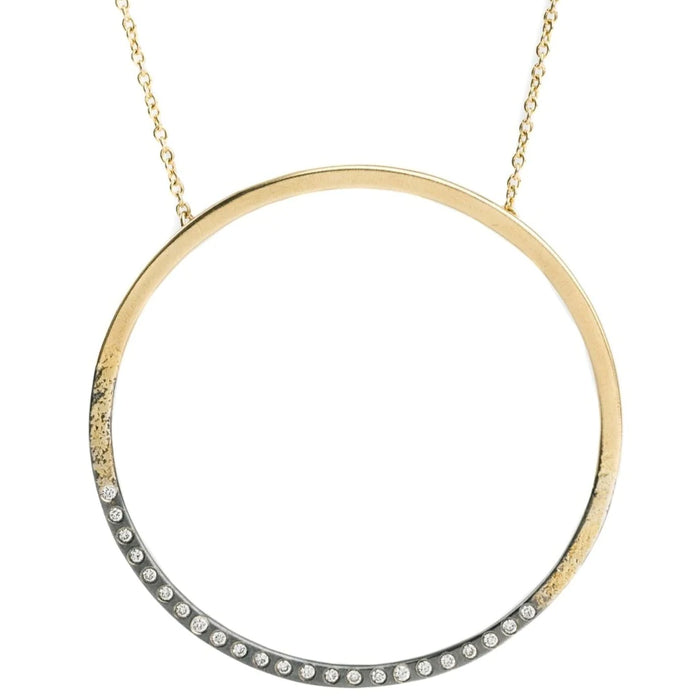 Sunshine Open Circle Necklace in Yellow Gold and Oxidized Argentium Silver