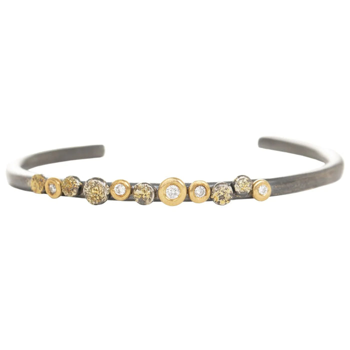 In Bloom Stacking Skinny Cuff in Yellow Gold and Oxidized Argentium Silver