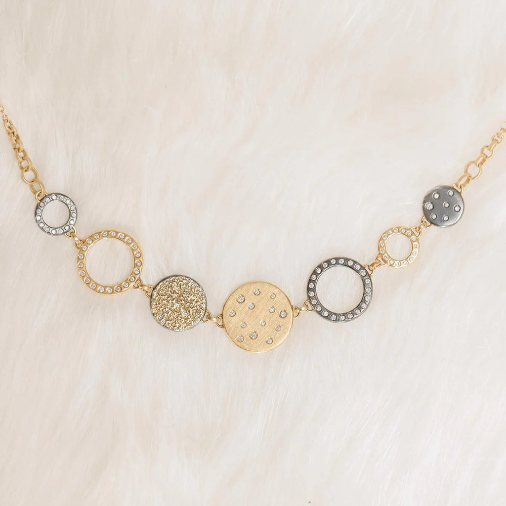 Scattered Diamond Statement Necklace in Yellow Gold and Oxidized Argentium Silver