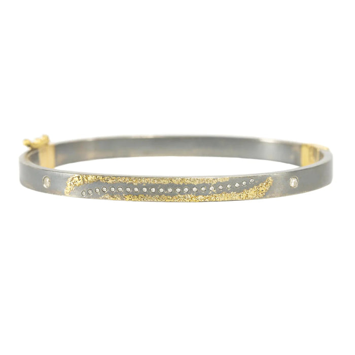 Diamond Essential Hinged Bangle in Yellow Gold and Oxidized Argentium Silver