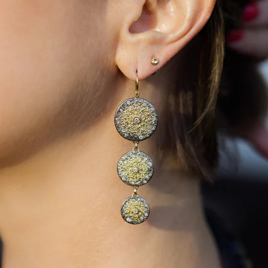 Starburst Drop Earrings in Yellow Gold and Oxidized Argentium Silver