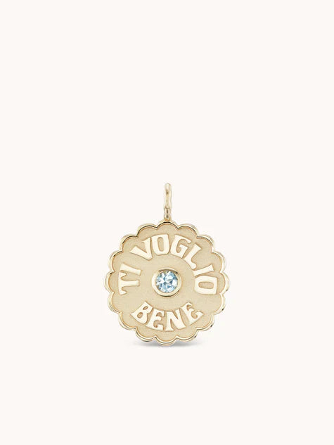 Large Raised Gold Ti Voglio Bene Aquamarine Charm in Yellow Gold