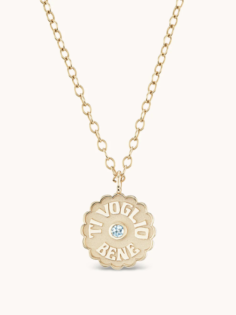 Large Raised Gold Ti Voglio Bene Aquamarine Charm in Yellow Gold