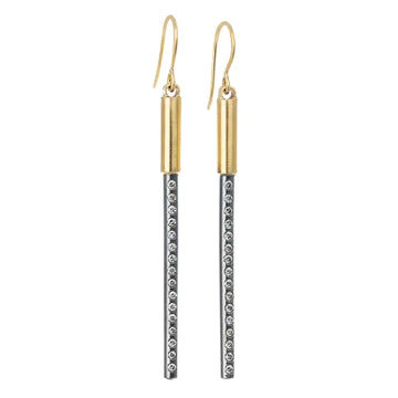 Long Light Saber Earrings in Yellow Gold and Oxidized Argentium Silver