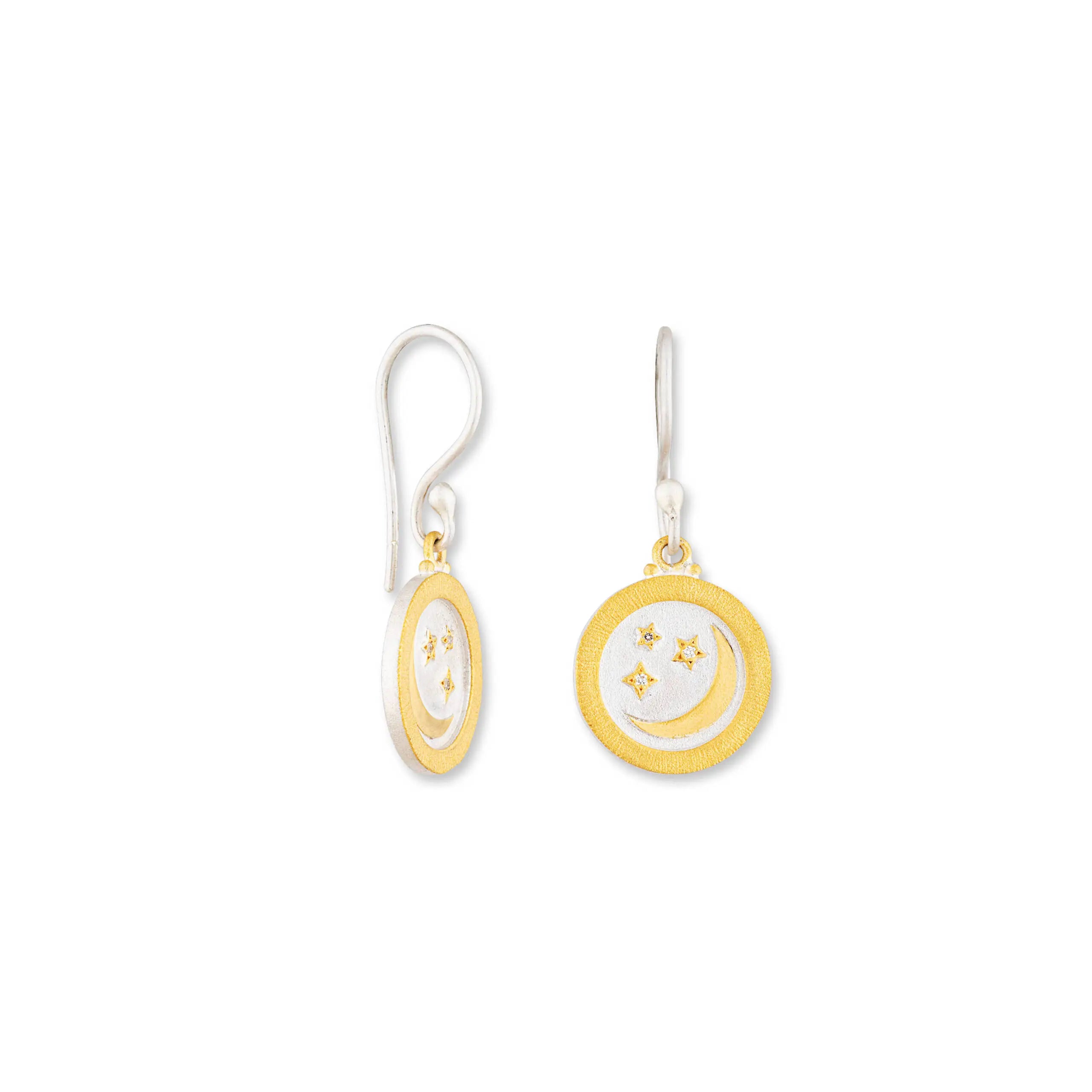 Medallion Diamond Drop Earrings in Sterling Silver and Yellow Gold