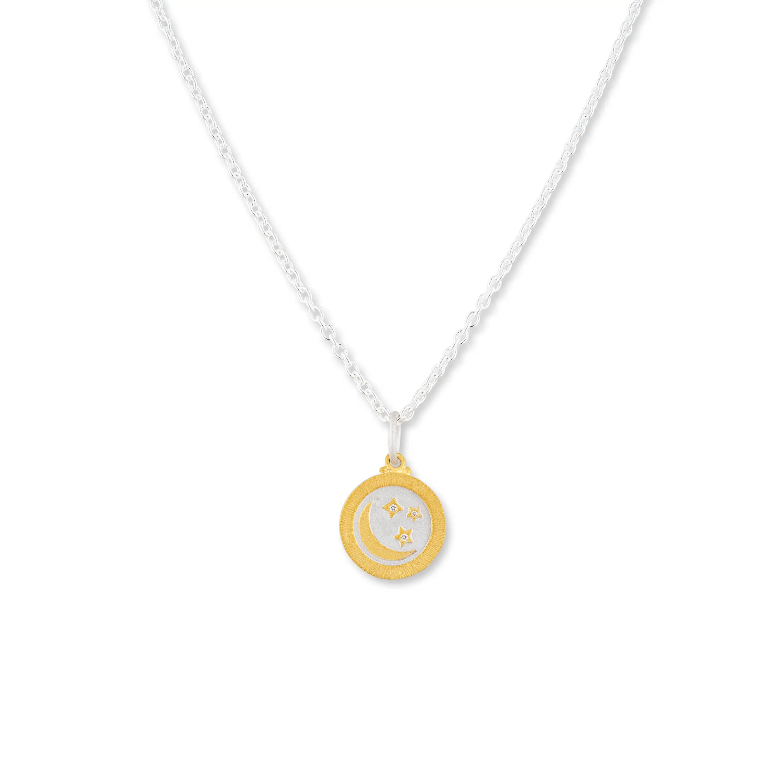 Half Moon and Stars Print Diamond Medallion in Yellow Gold and Sterling Silver