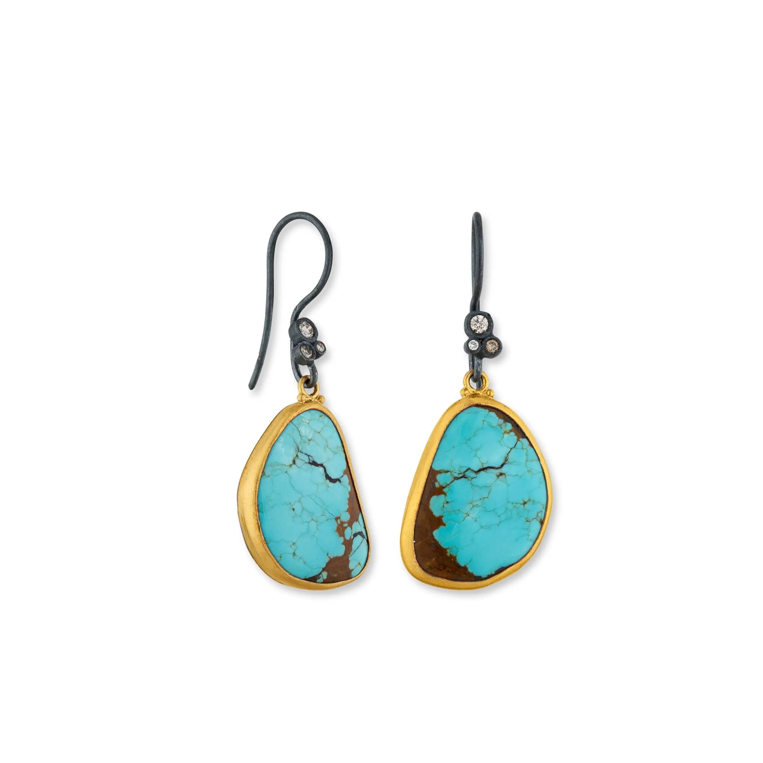 My World Nevada #8 Turquoise Earrings in Yellow Gold and Oxidized Sterling Silver