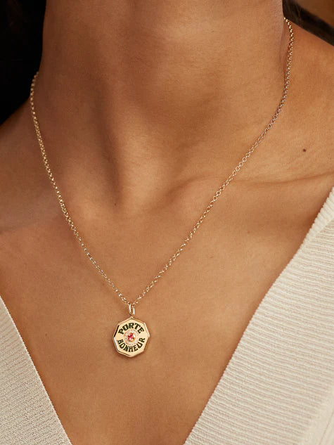 Ruby Mini Porte Bonheur Diamond Halo Pendant in Yellow Gold