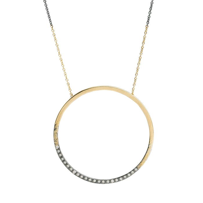 Sunshine Open Circle Necklace in Yellow Gold and Oxidized Argentium Silver