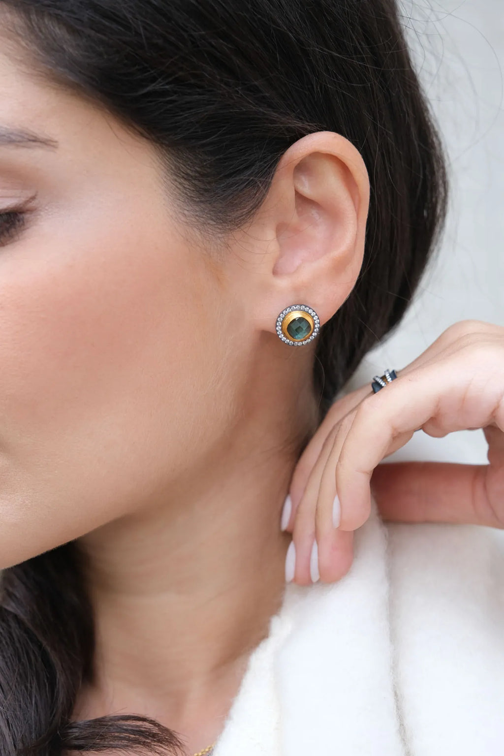 Nightfall Labradorite Earrings in Yellow Gold and Oxidized Sterling Silver