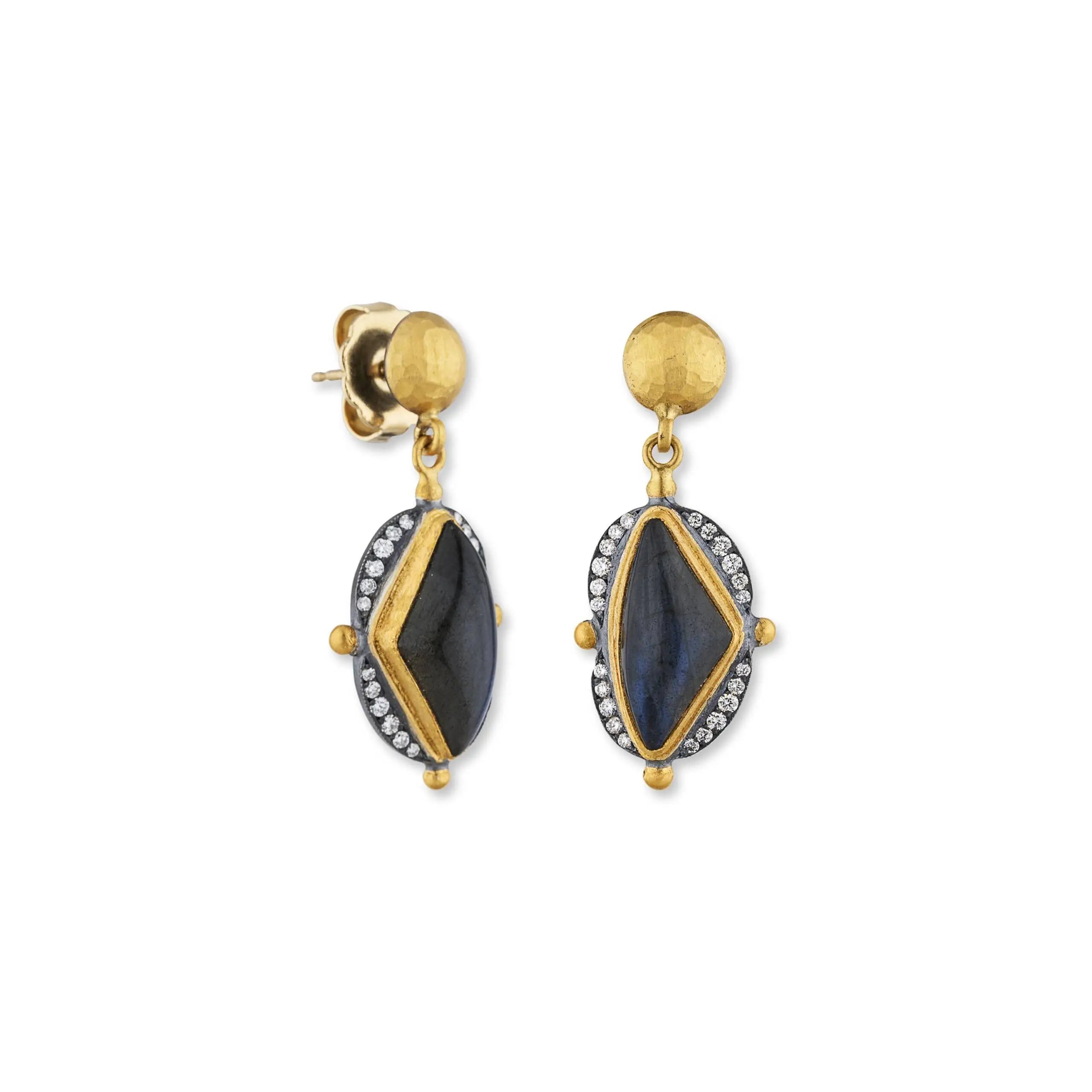 Olya Labradorite Drop Earrings in Yellow Gold and Oxidized Sterling Silver
