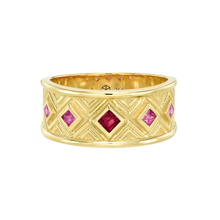 Pure Energy Band Red Pink Sapphires Ring in Yellow Gold