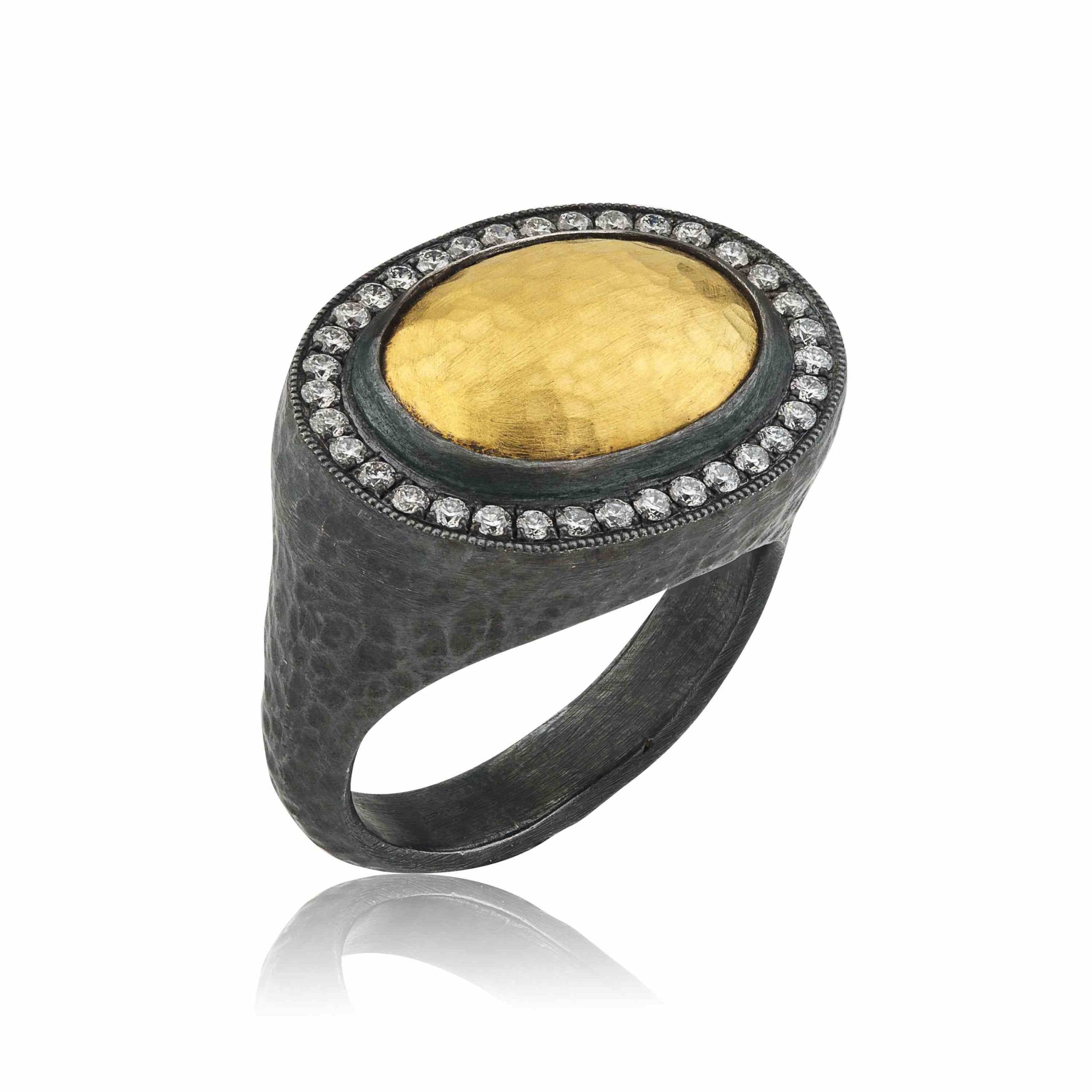 Pompei Diamond Ring in Yellow Gold and Oxidized Sterling Silver
