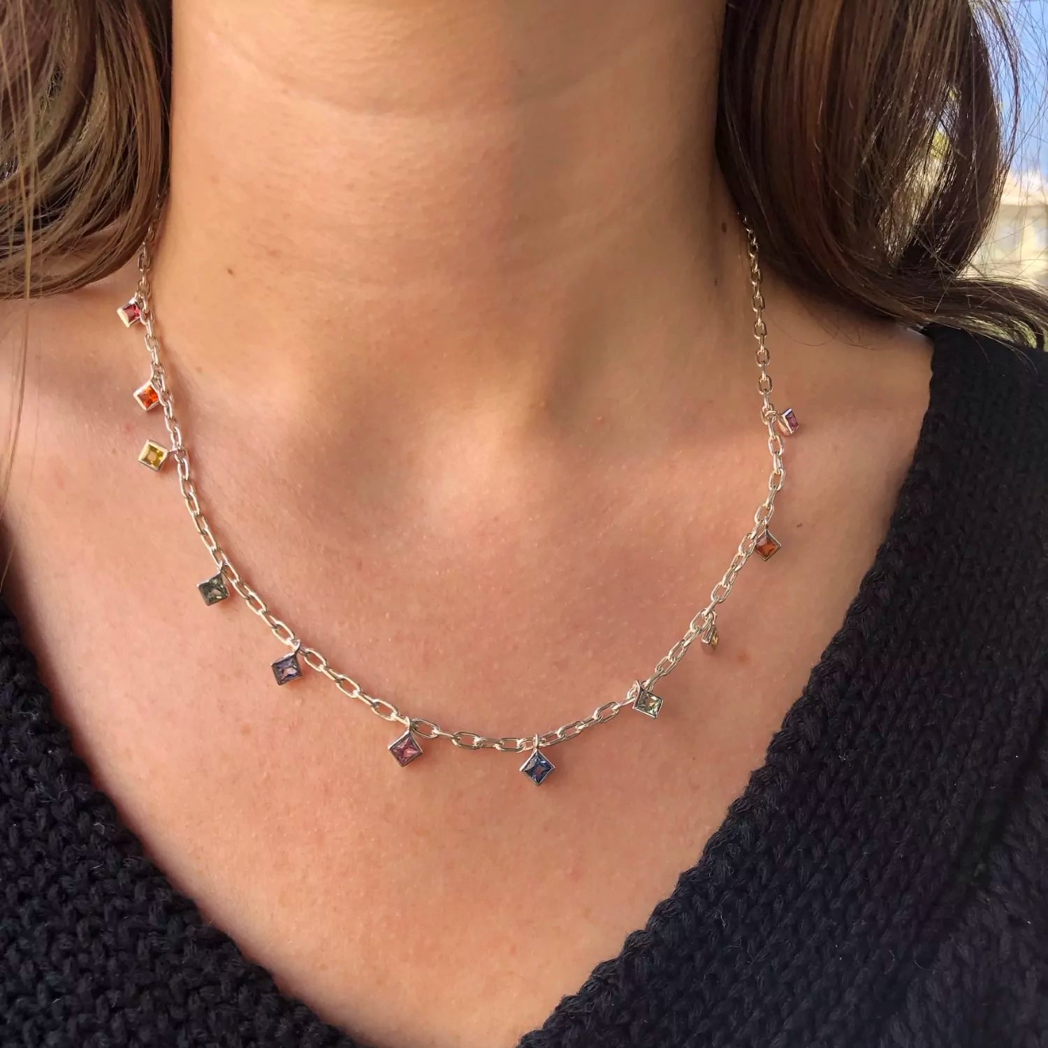 Prismic Multi-Color Sapphire Necklace in Sterling Silver