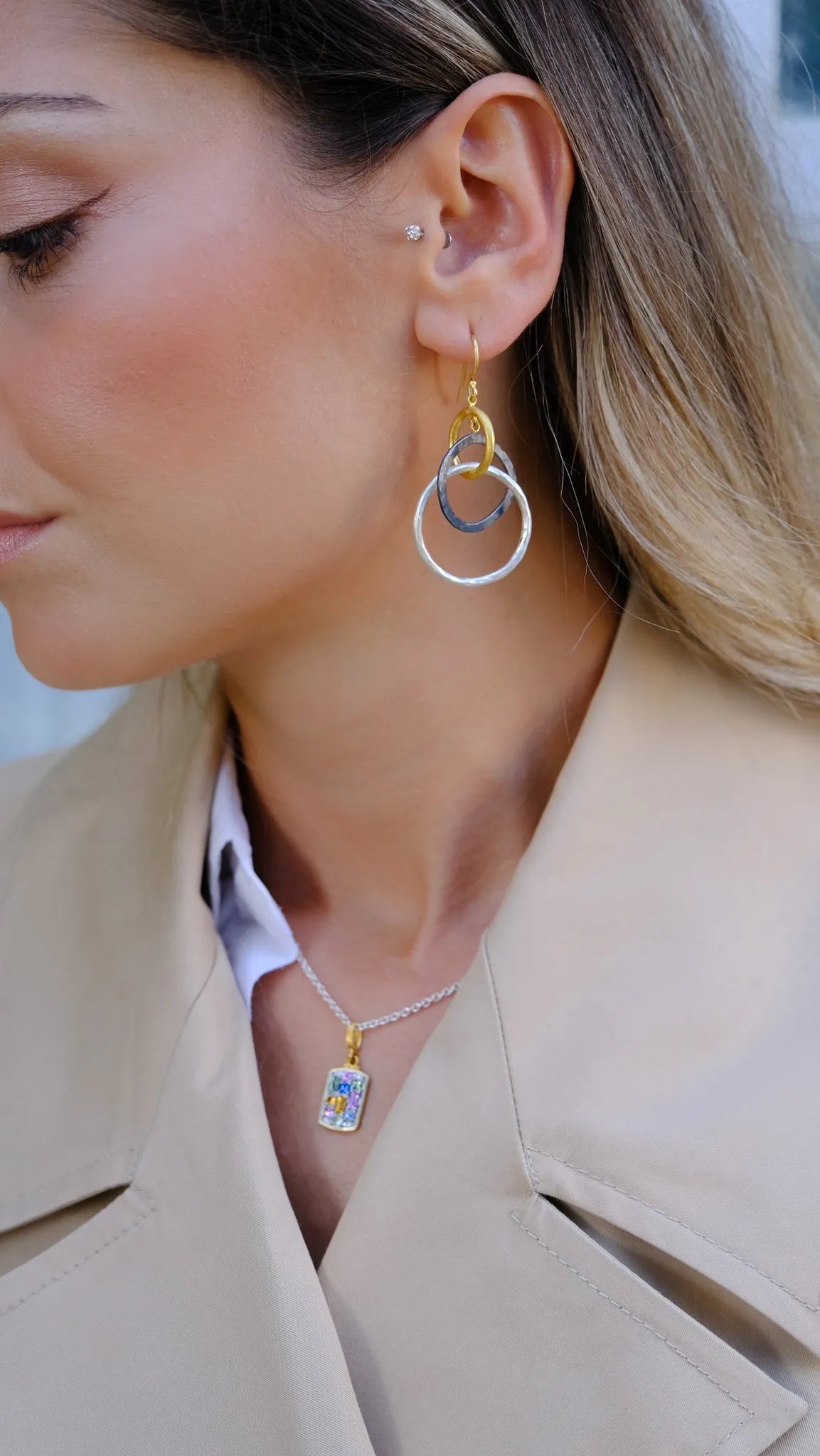 Prismic Small Dog Tag Necklace in Sterling Silver and Yellow Gold