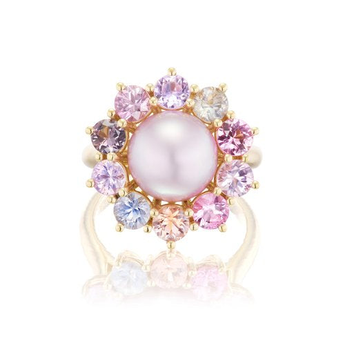 Pink Floral Pearl Ring in Yellow Gold