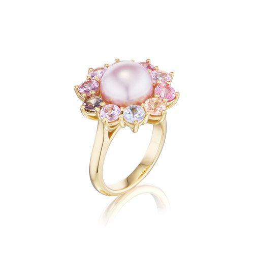 Pink Floral Pearl Ring in Yellow Gold