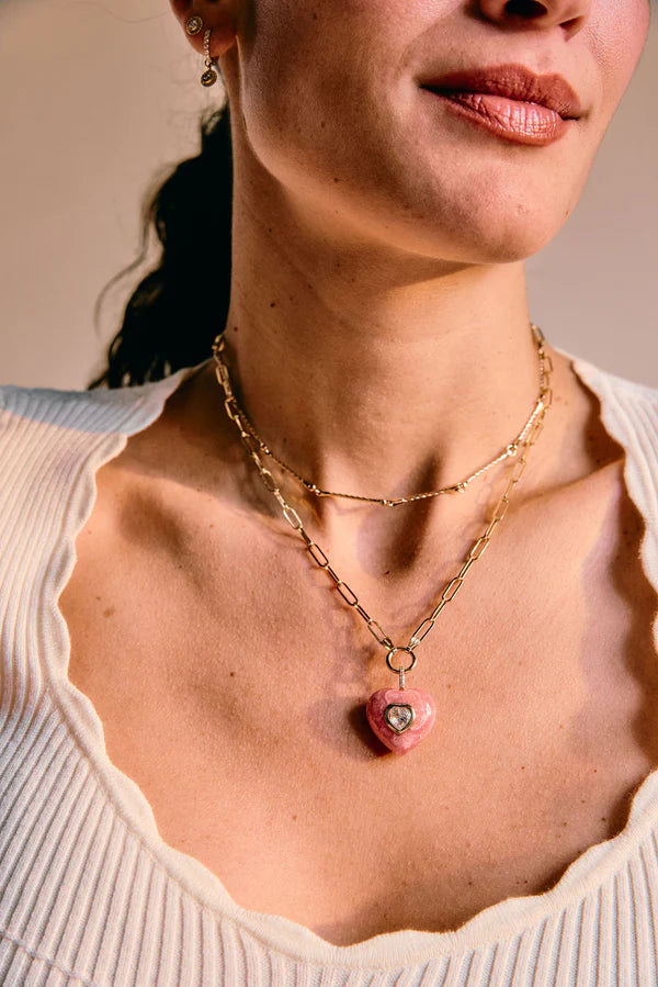 Pink Rhodochrosite Heart Pendant in Yellow Gold
