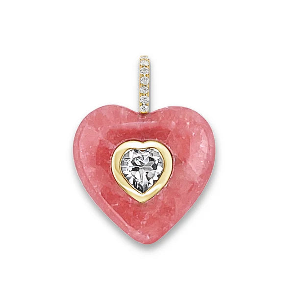 Pink Rhodochrosite Heart Pendant in Yellow Gold