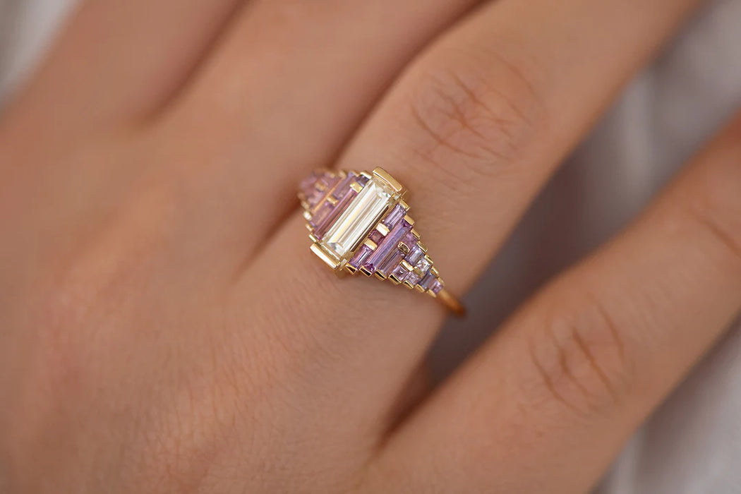 Purple and Lilac Sapphire Ring with Baguette Diamond