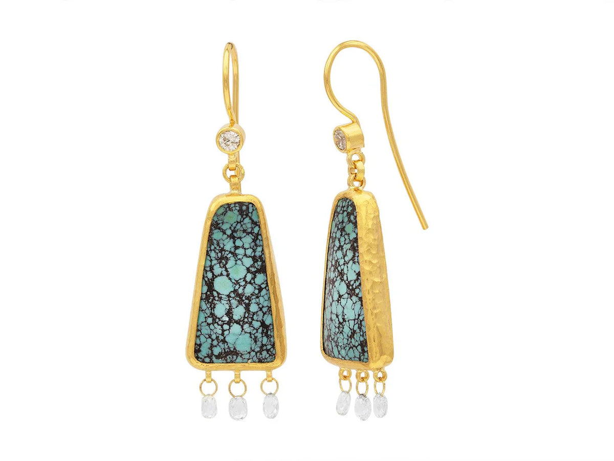 Rune Turquoise Double Drop Earrings in Yellow Gold