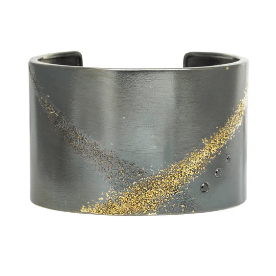 Silver + Gold Black Diamond Slice Cuff in Oxidized Argentium Silver and Yellow Gold