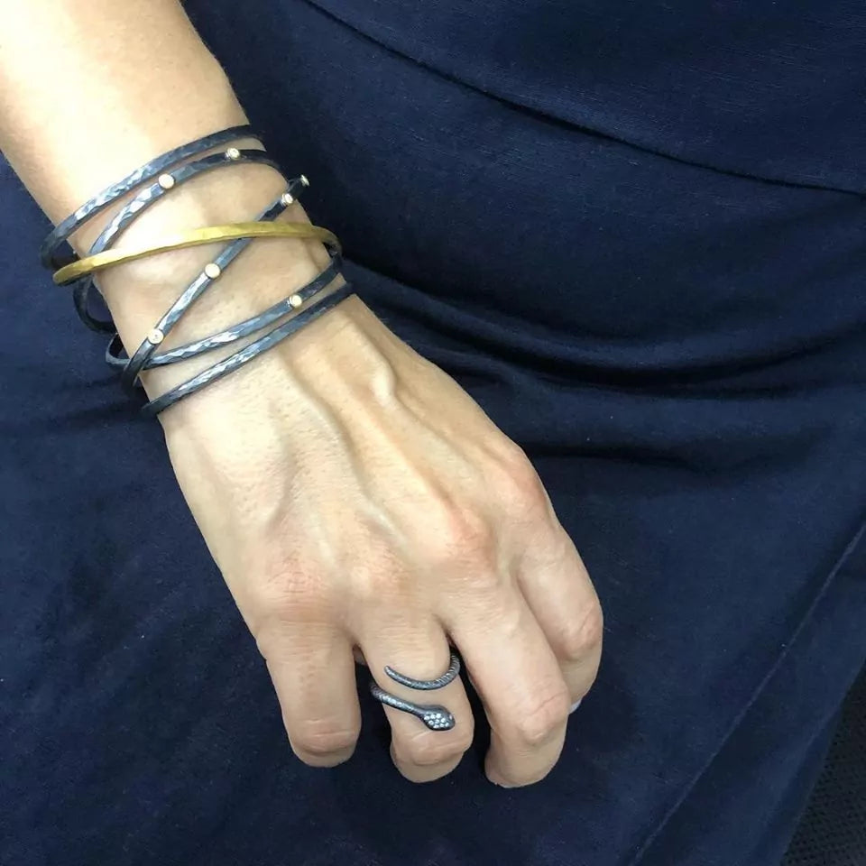 Stockholm Crosswire Open Cuff in Oxidized Sterling Silver and Yellow Gold