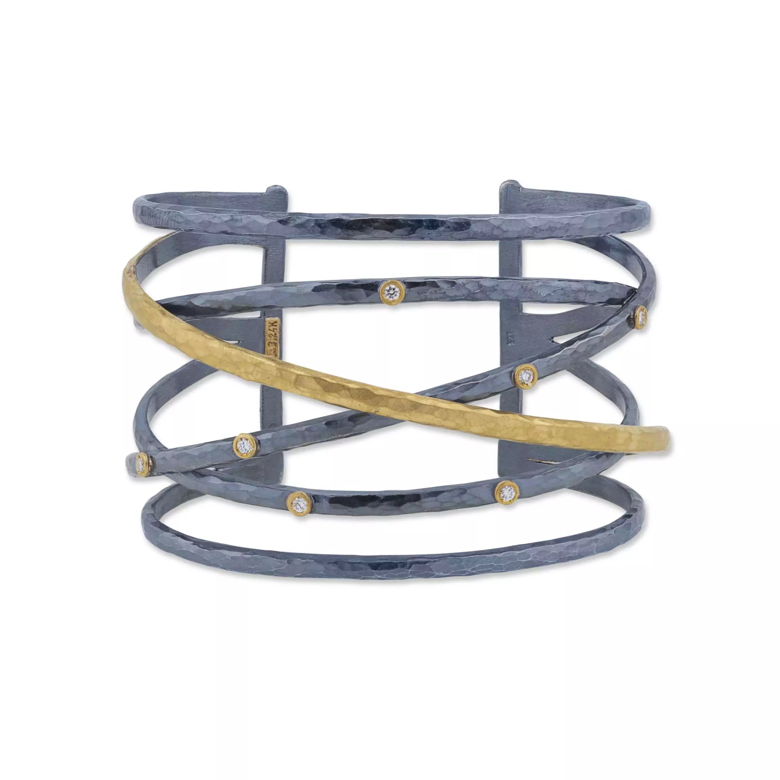 Stockholm Crosswire Open Cuff in Oxidized Sterling Silver and Yellow Gold